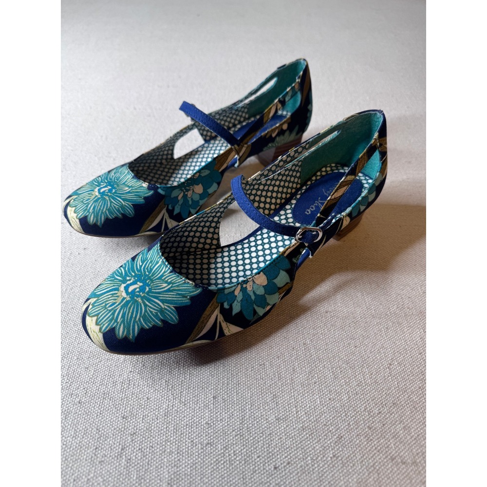 Ruby Shoo Floral Pumps Size 8 Blue Retro Pinup Mary Jane Block Heel